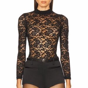 Stems Revolve Black Sheer Lace Long Sleeve Mock Neck Thong Bodysuit Medium New